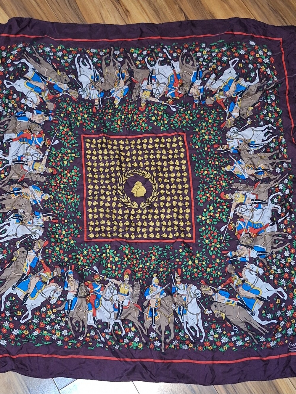 Andre Claude Canova Equestrian Print Silk Hand Rolled Edge Scarf 33x32" Vtg